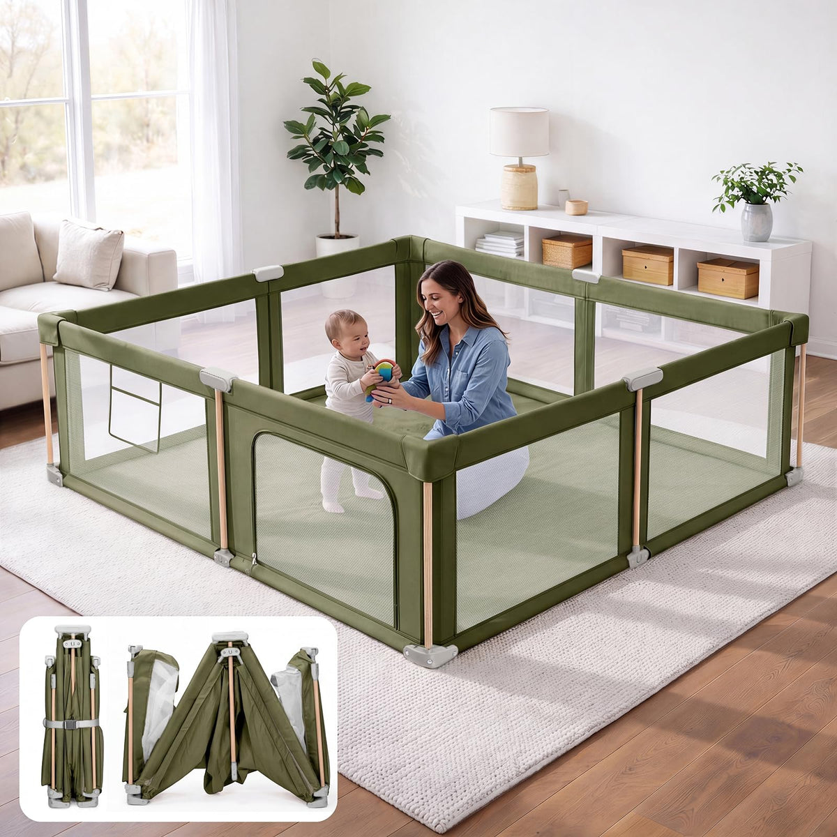 Foldable Baby Playpen with Mat, Breathable Mesh Green 71"×59" C405575