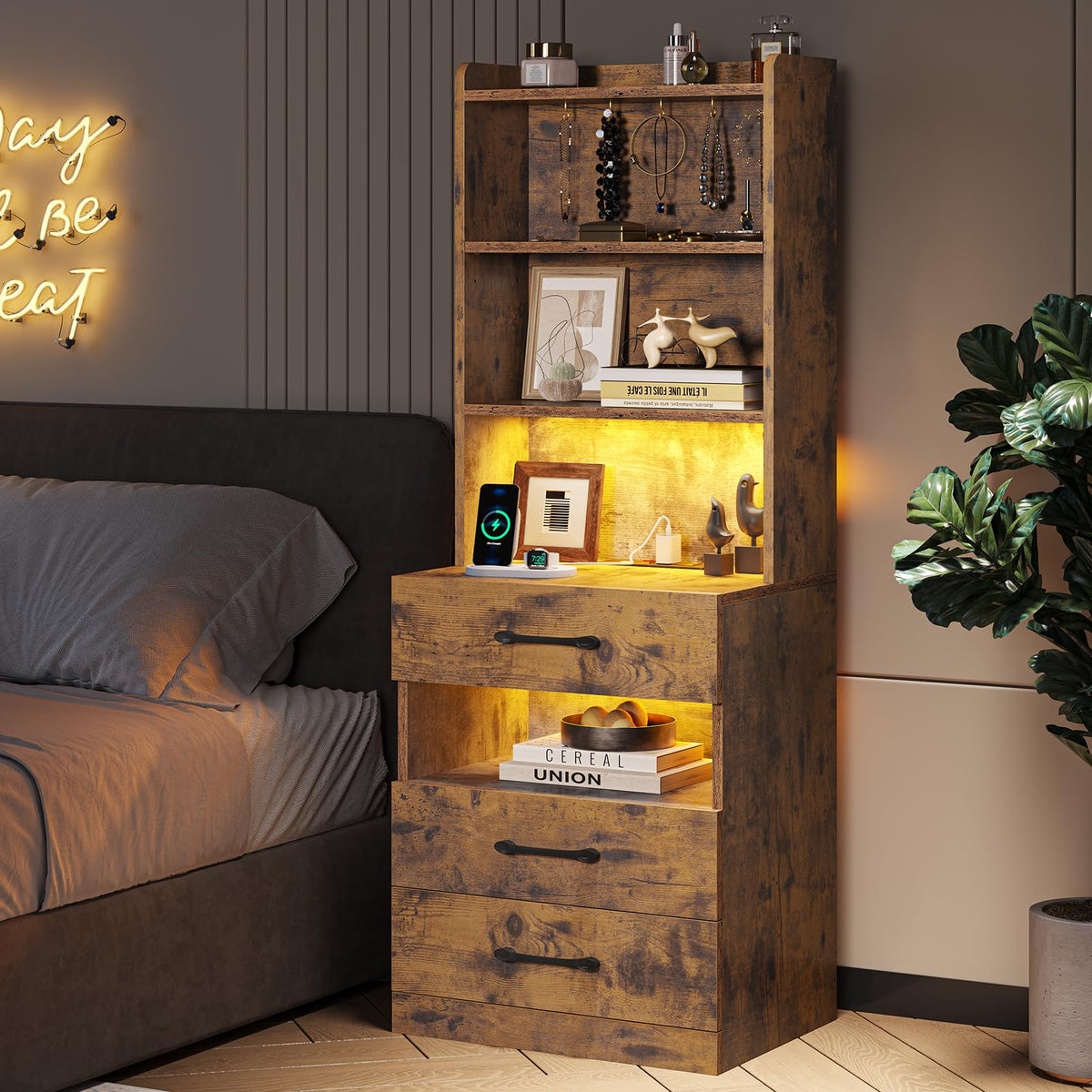 Rustic Brown Nightstand with Charging Station and LED Lights X62510