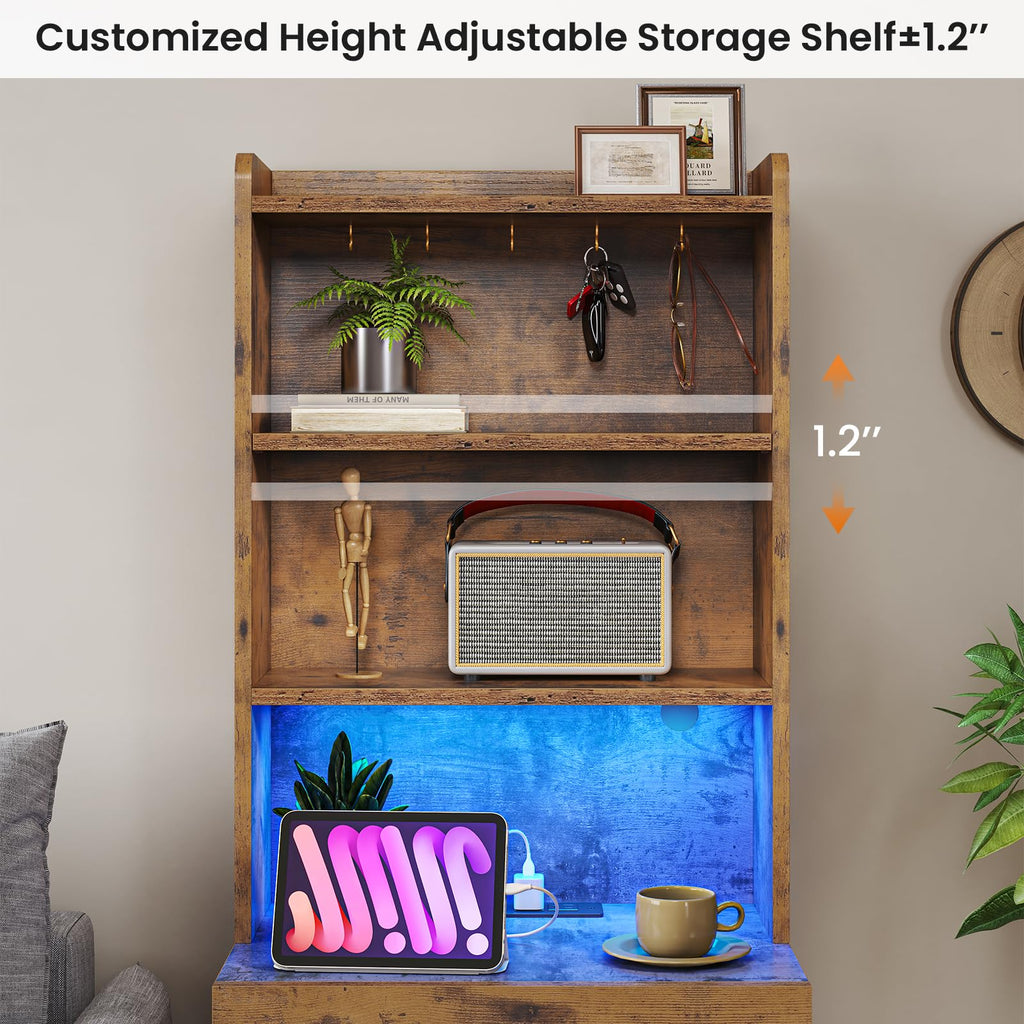 Rustic Brown Nightstand with Charging Station and LED Lights X62510