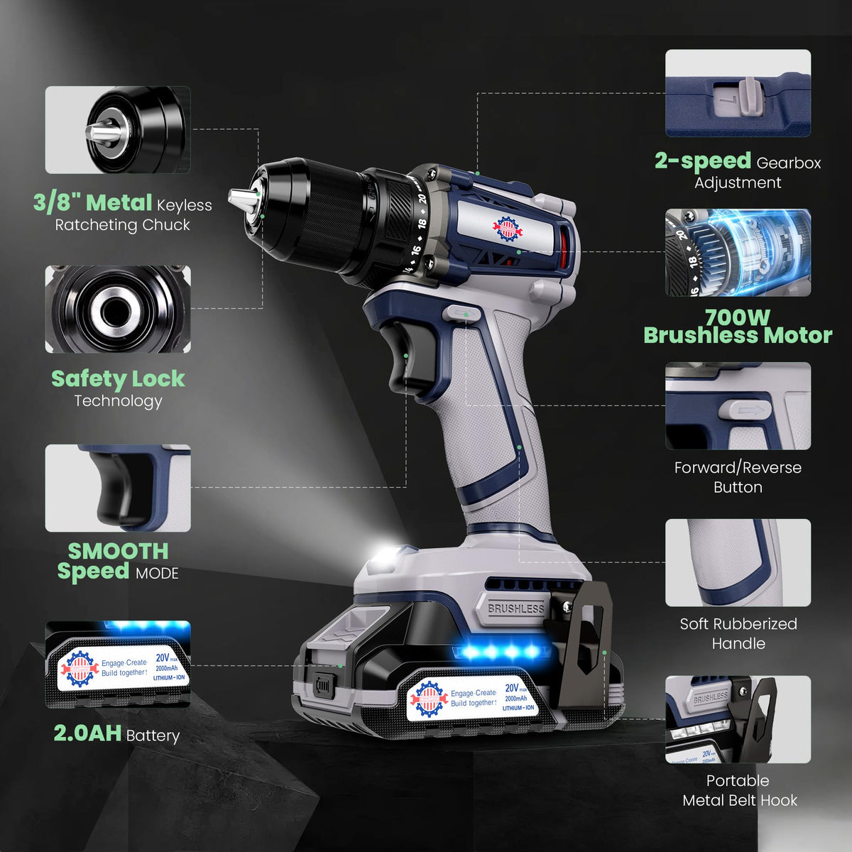 Brushless Cordless Drill Set 70N.m 3/8" Keyless Metal Chuck G85273