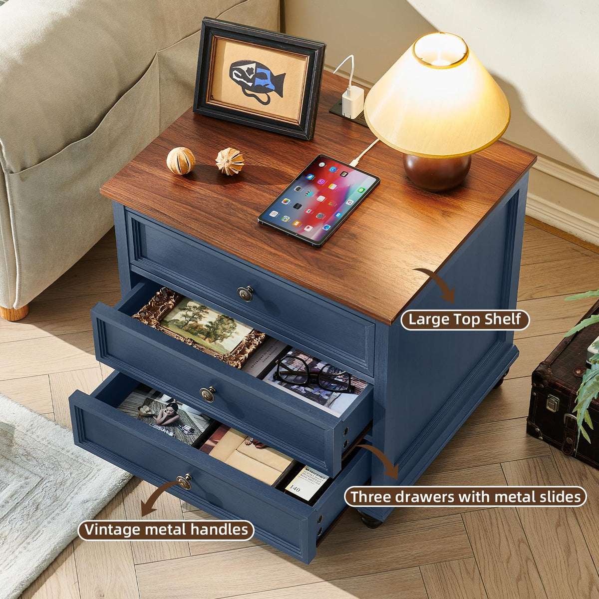 Blue Wood Nightstand Set of 2 with Charging Station W933