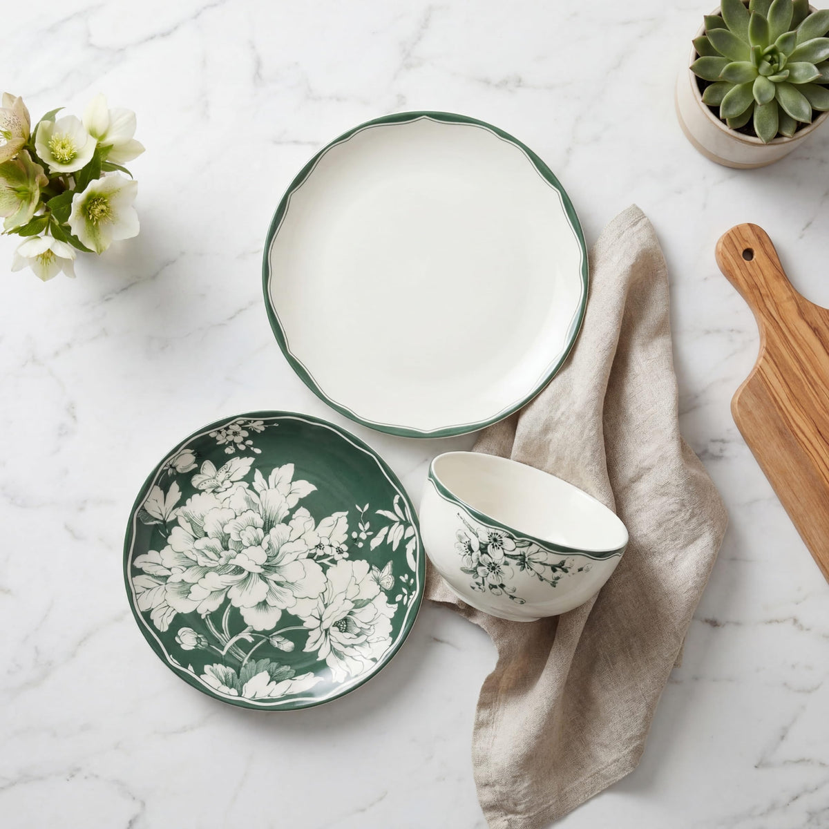 12-Piece Porcelain Dinnerware Set for 4, White & Sage Green Plates and Bowls Set C940015
