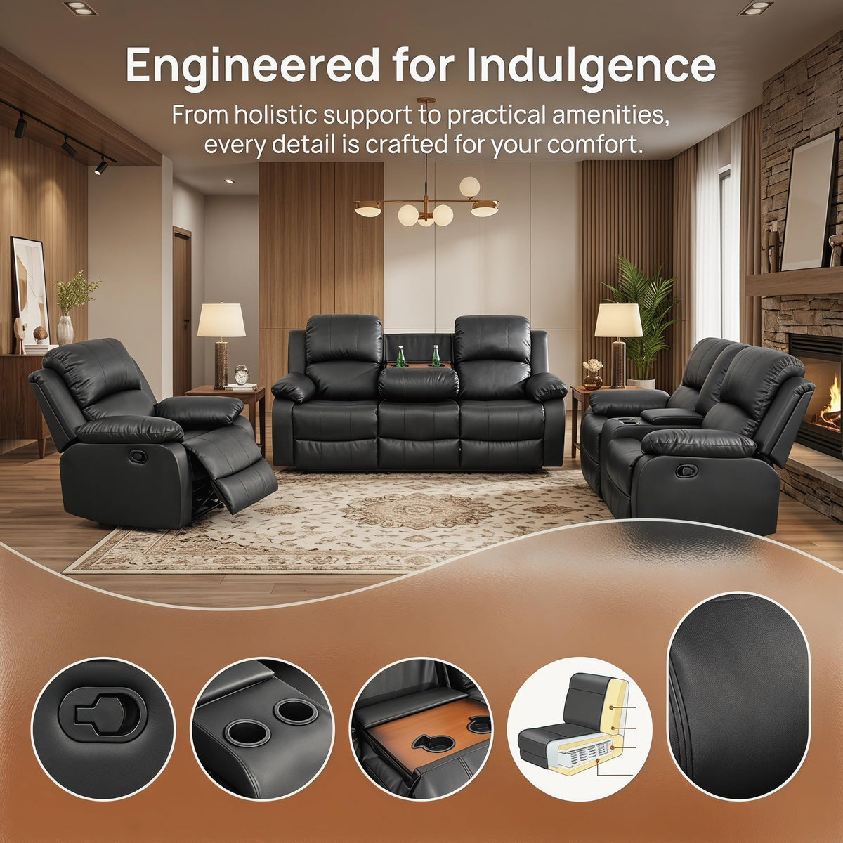 Black 3 Piece Leather Recliner Sofa Set with Cup Holders Z524