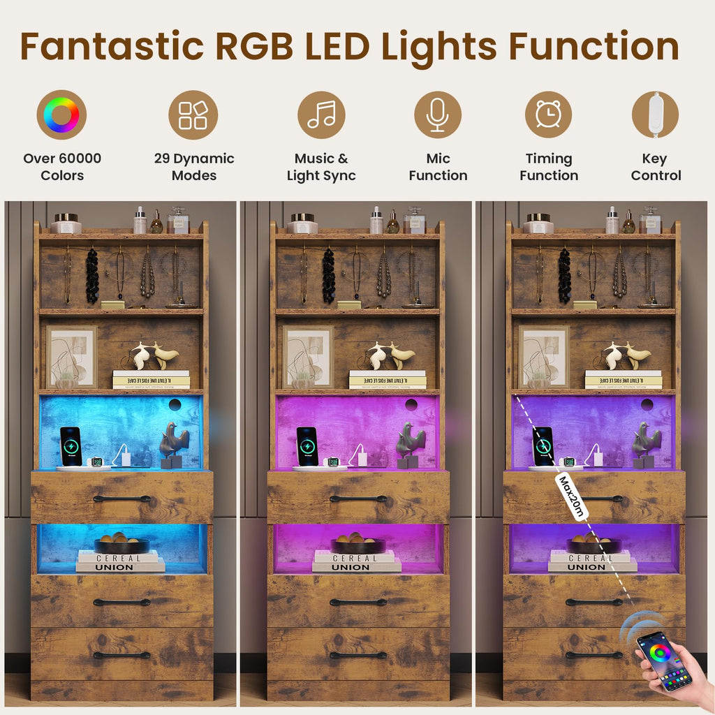 Rustic Brown Nightstand with Charging Station and LED Lights X62510