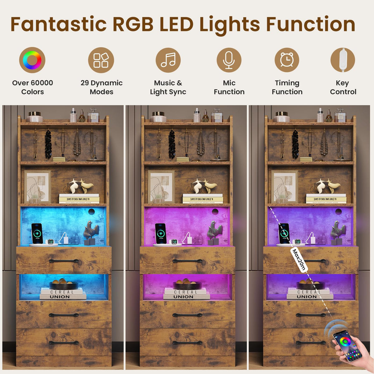 Rustic Brown Nightstand with Charging Station and LED Lights X62510