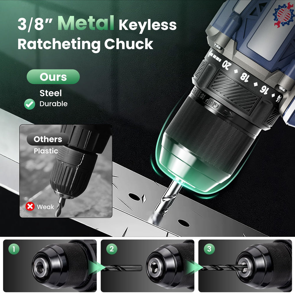 Brushless Cordless Drill Set 70N.m 3/8" Keyless Metal Chuck G85273