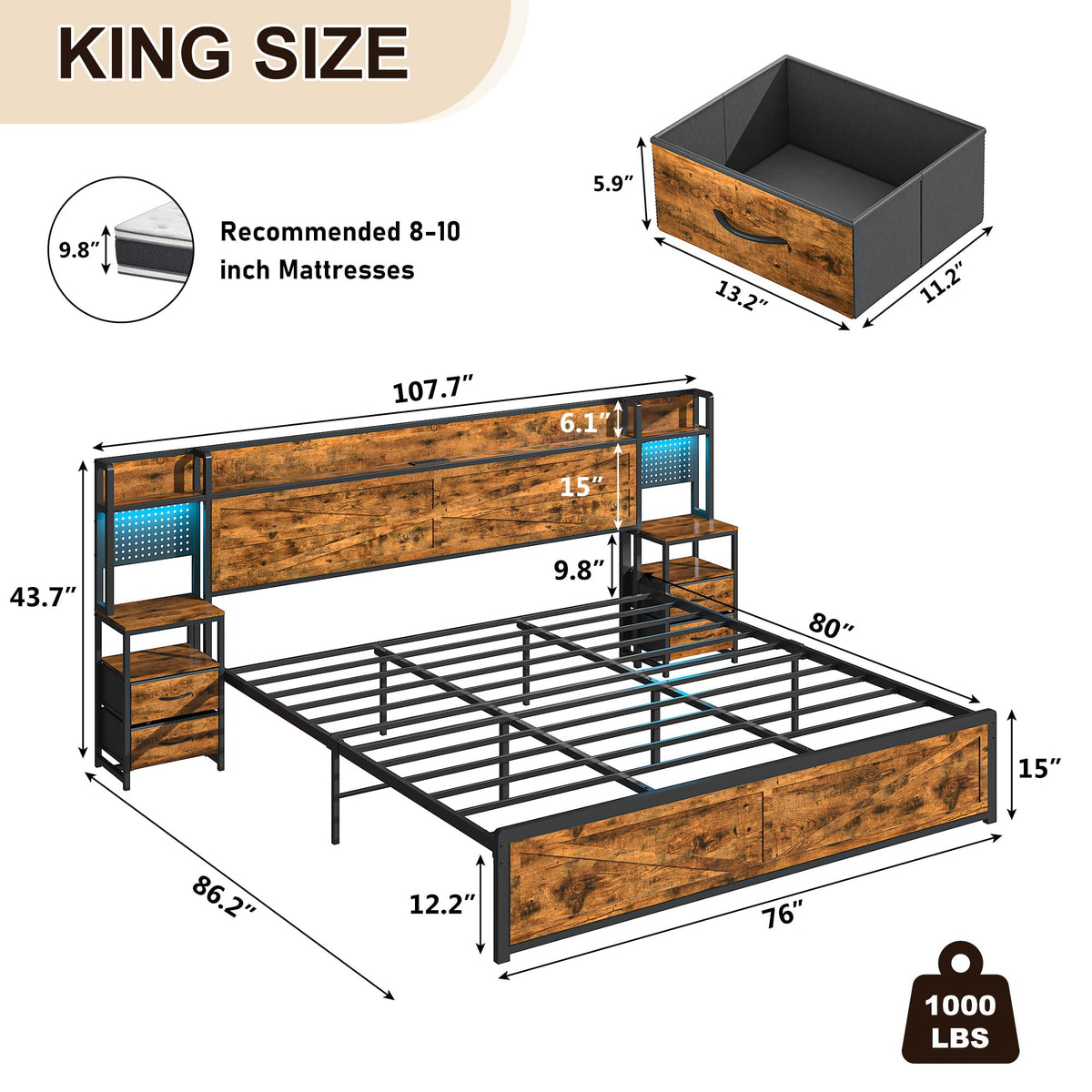 King Size Rustic Brown Bed Frame with Headboard and Nightstands A40131