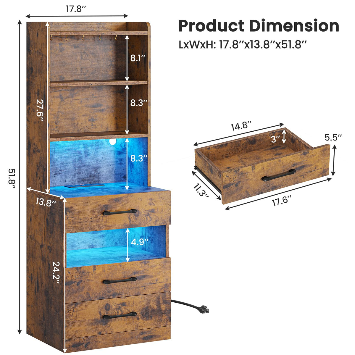 Rustic Brown Nightstand with Charging Station and LED Lights X62510