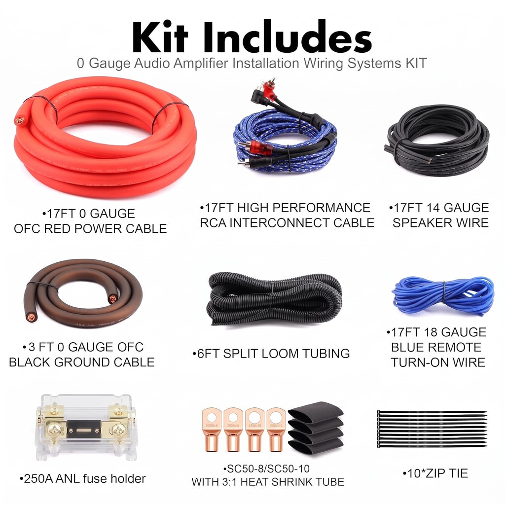 0 Gauge Pure OFC Amplifier Wiring Kit with Fuse Holder & RCA O62723
