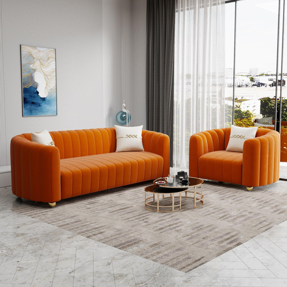 Orange Velvet 2-Piece Sofa J3316