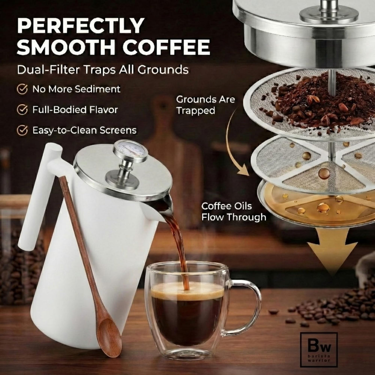 White Double-Wall Stainless Steel Insulated French Press with Thermometer U17026