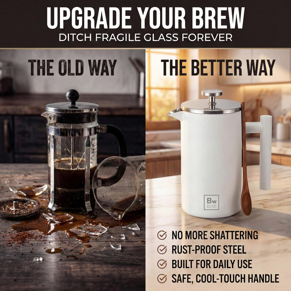 White Double-Wall Stainless Steel Insulated French Press with Thermometer U17026