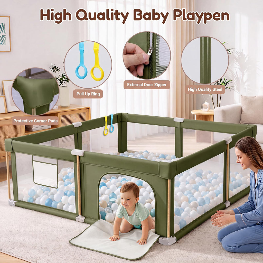 Foldable Baby Playpen with Mat, Breathable Mesh Green 71"×59" C405575