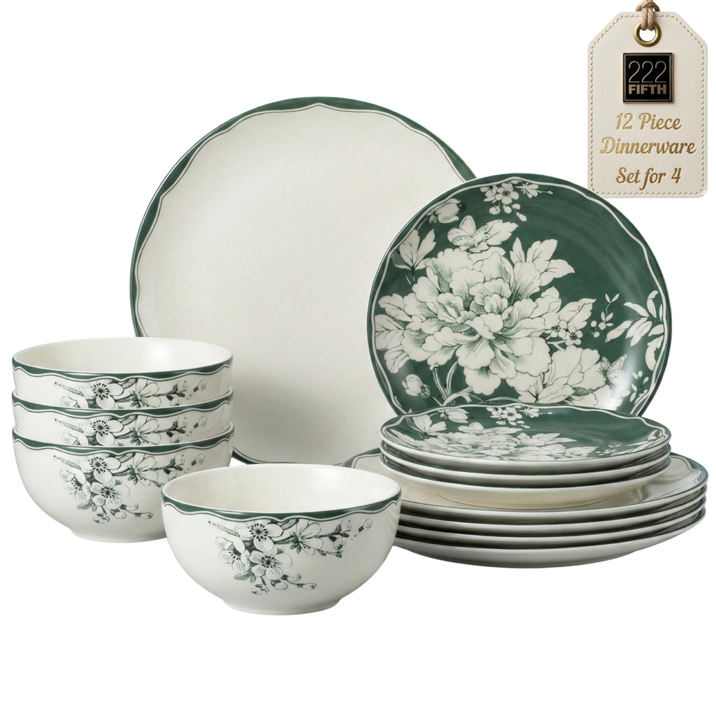 12-Piece Porcelain Dinnerware Set for 4, White & Sage Green Plates and Bowls Set C940015