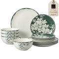 12-Piece Porcelain Dinnerware Set for 4, White & Sage Green Plates and Bowls Set C940015