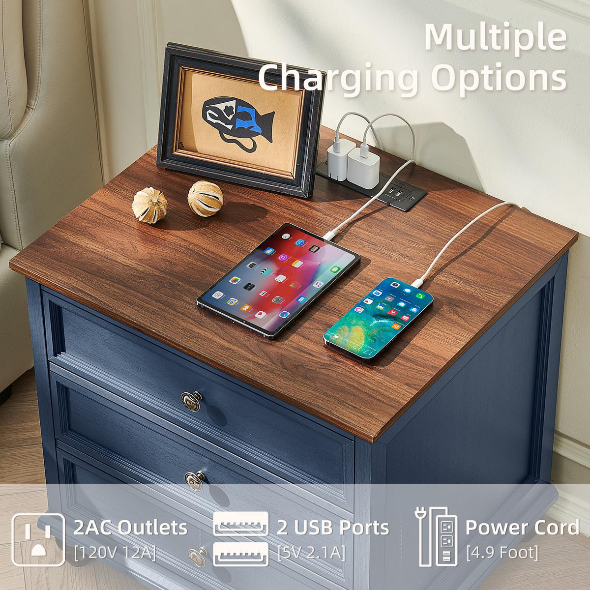 Blue Wood Nightstand Set of 2 with Charging Station W933