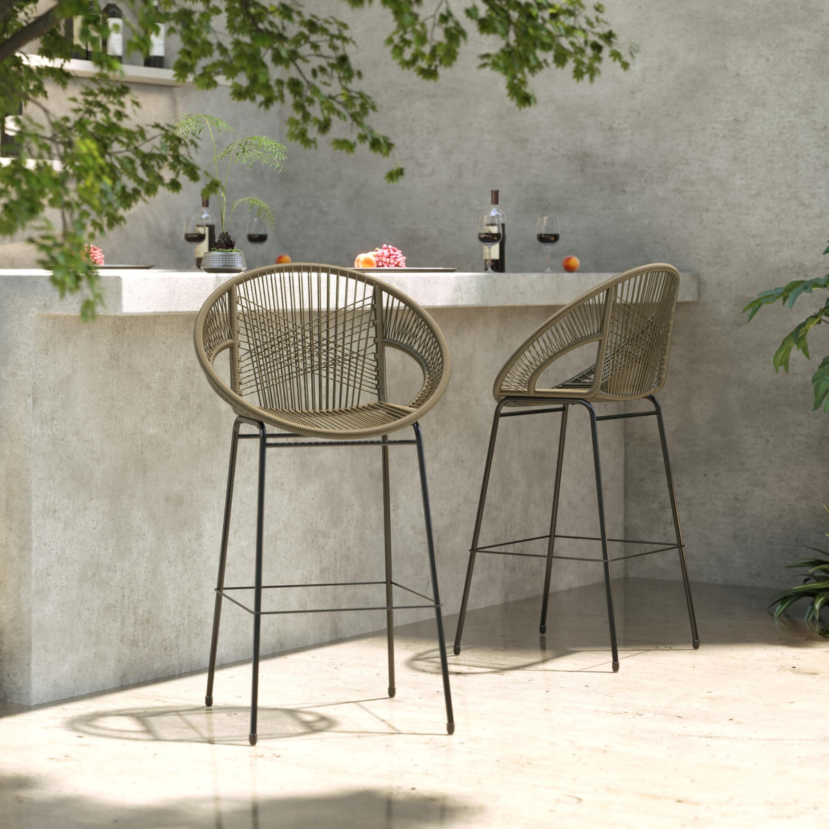 24" Height Metal Legs Faux Wicker Barstool Set of 2 X8765