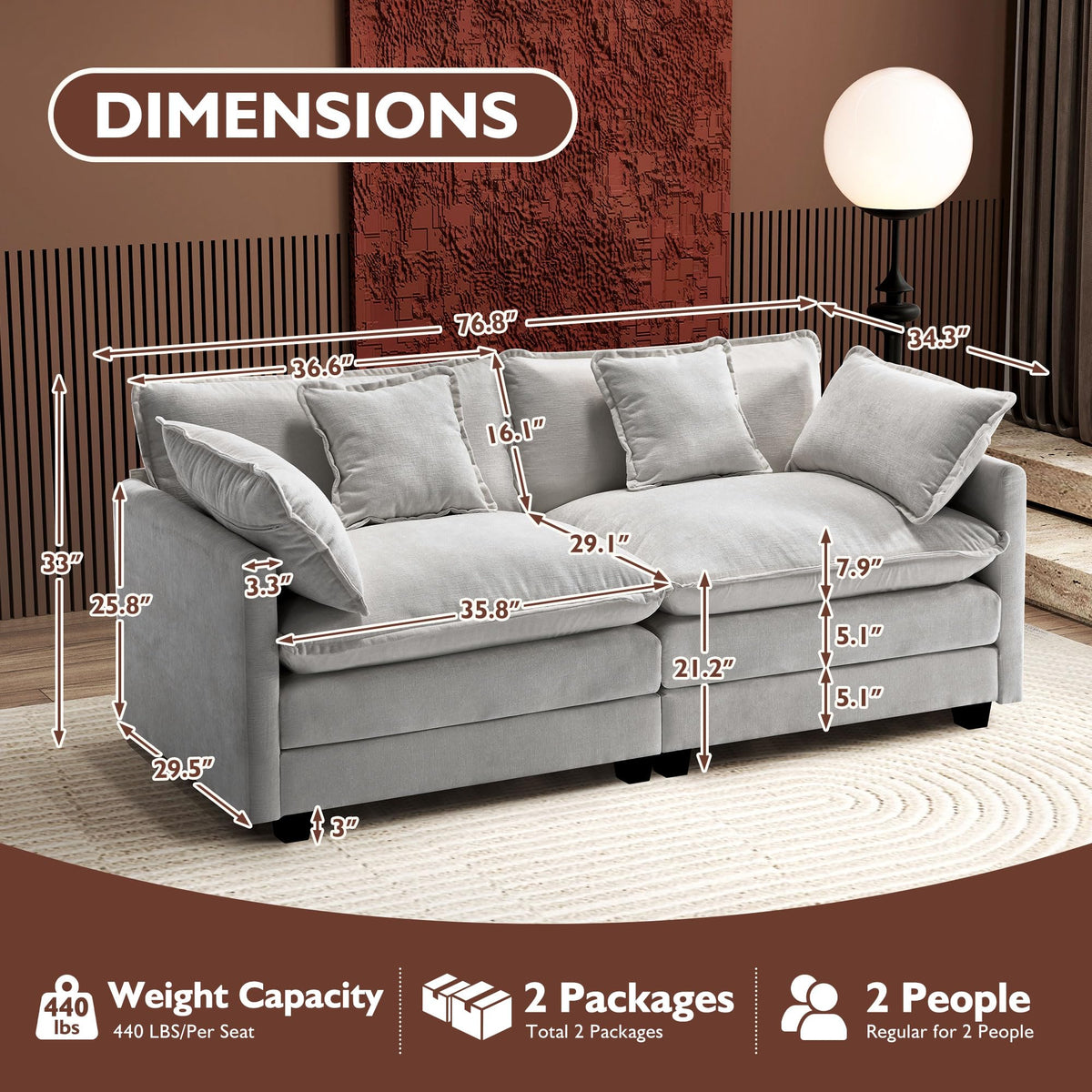77 Inch Grey Chenille Loveseat F350