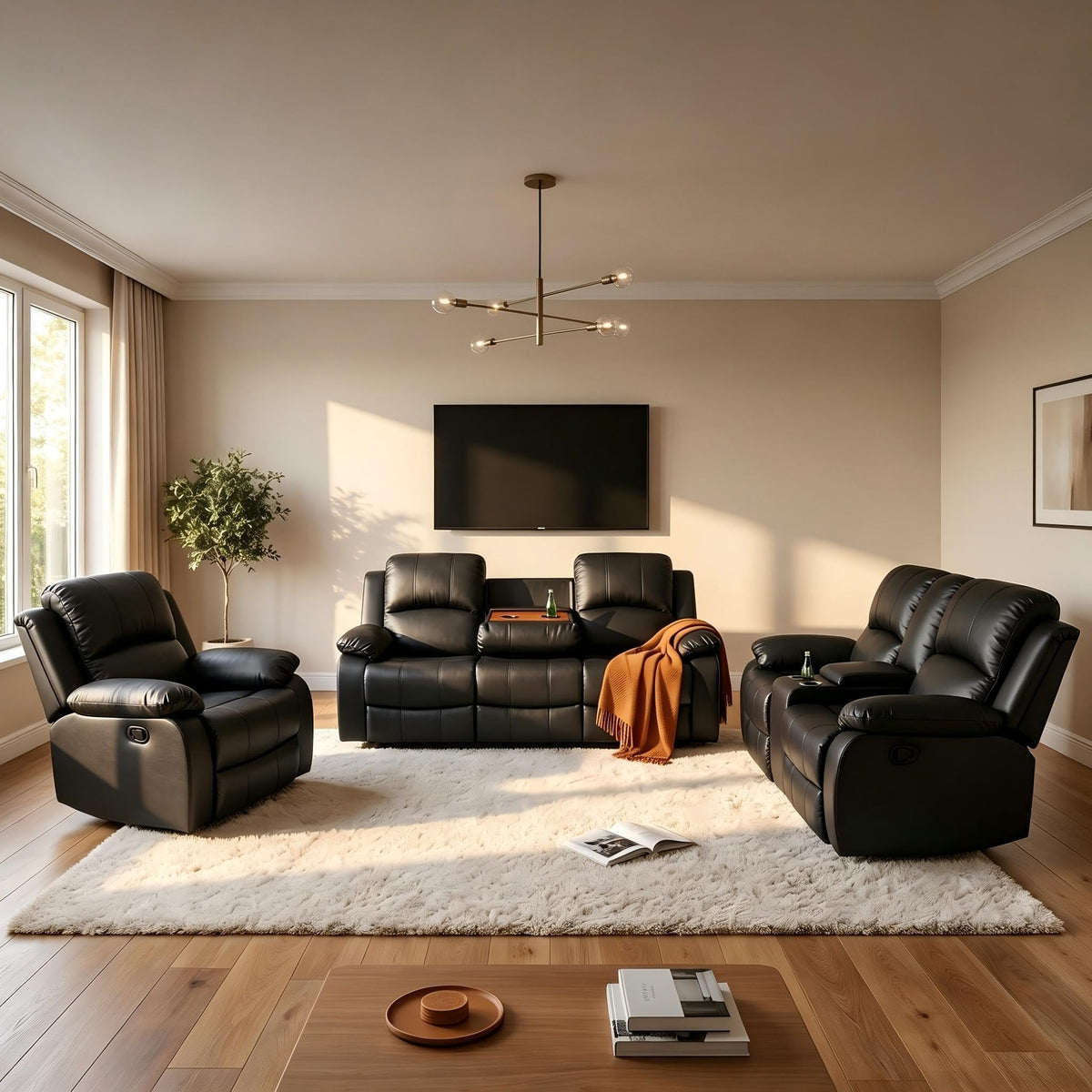 Black 3 Piece Leather Recliner Sofa Set with Cup Holders Z524