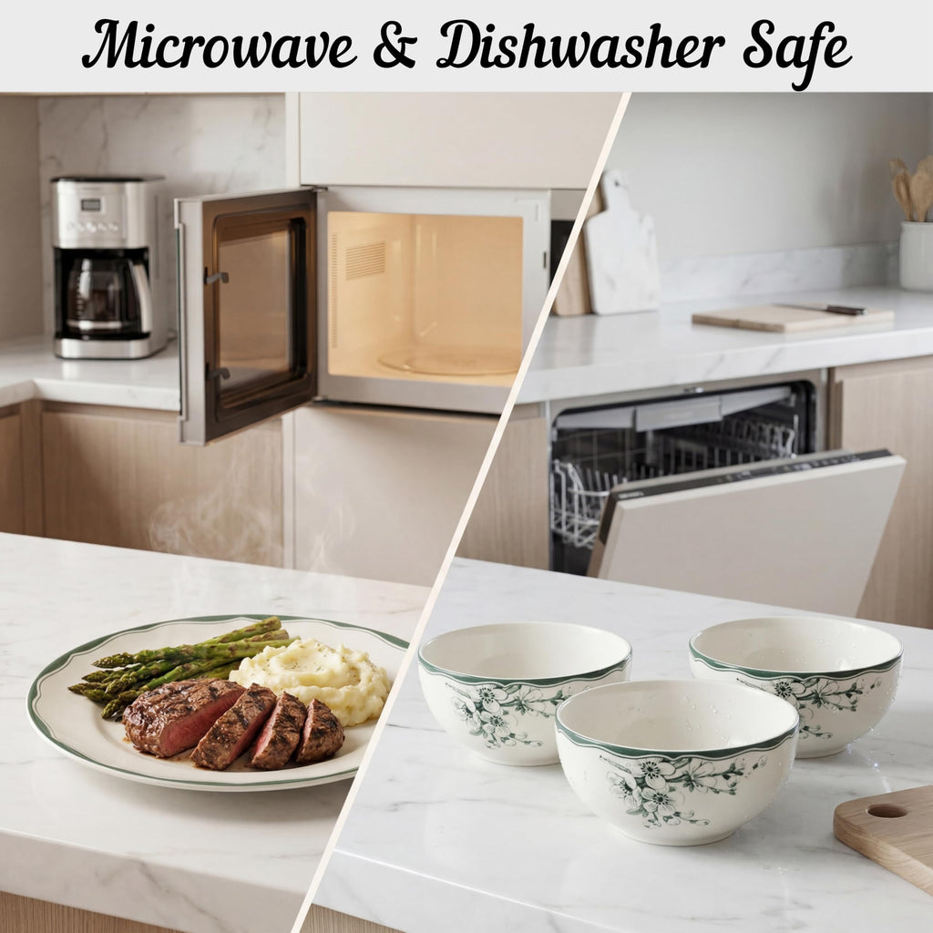 12-Piece Porcelain Dinnerware Set for 4, White & Sage Green Plates and Bowls Set C940015
