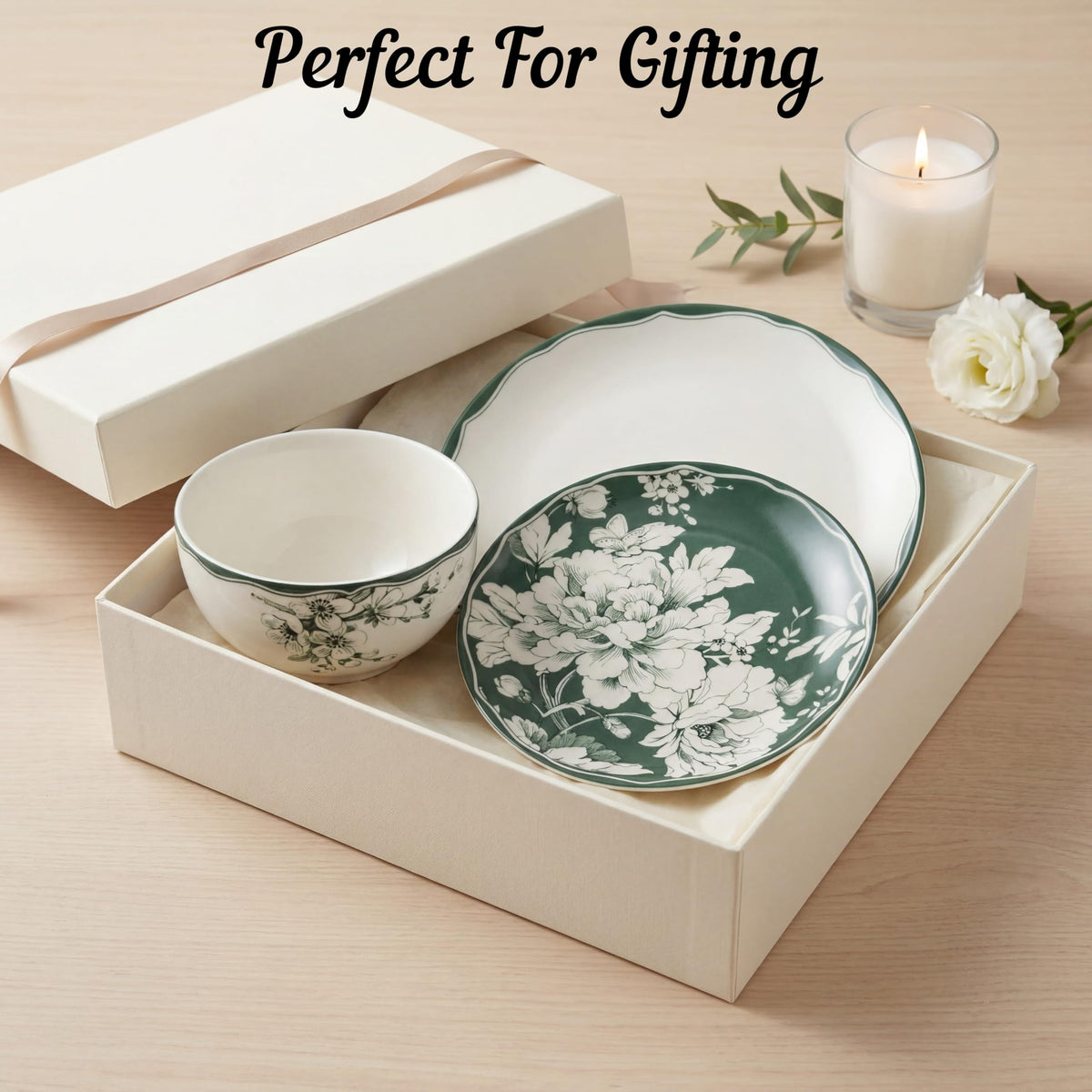 12-Piece Porcelain Dinnerware Set for 4, White & Sage Green Plates and Bowls Set C940015