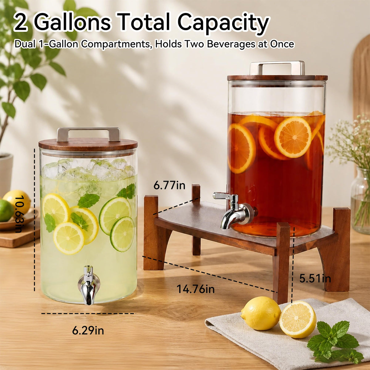 2 Pack 1 Gallon Glass Drink Dispensers with Acacia Wood Stand Y363