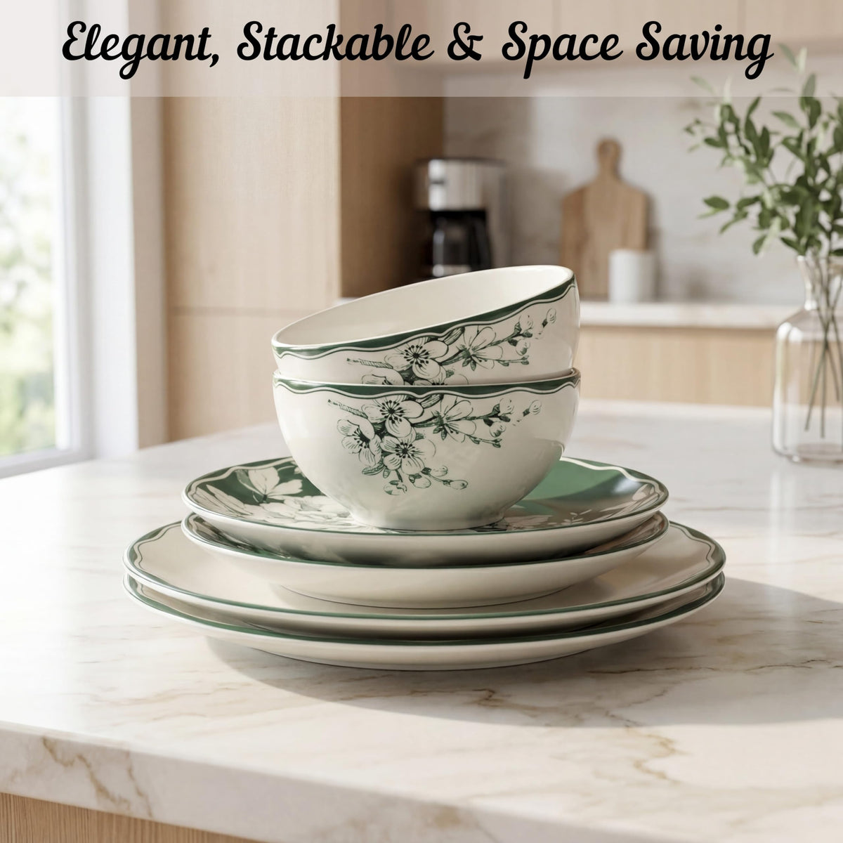 12-Piece Porcelain Dinnerware Set for 4, White & Sage Green Plates and Bowls Set C940015