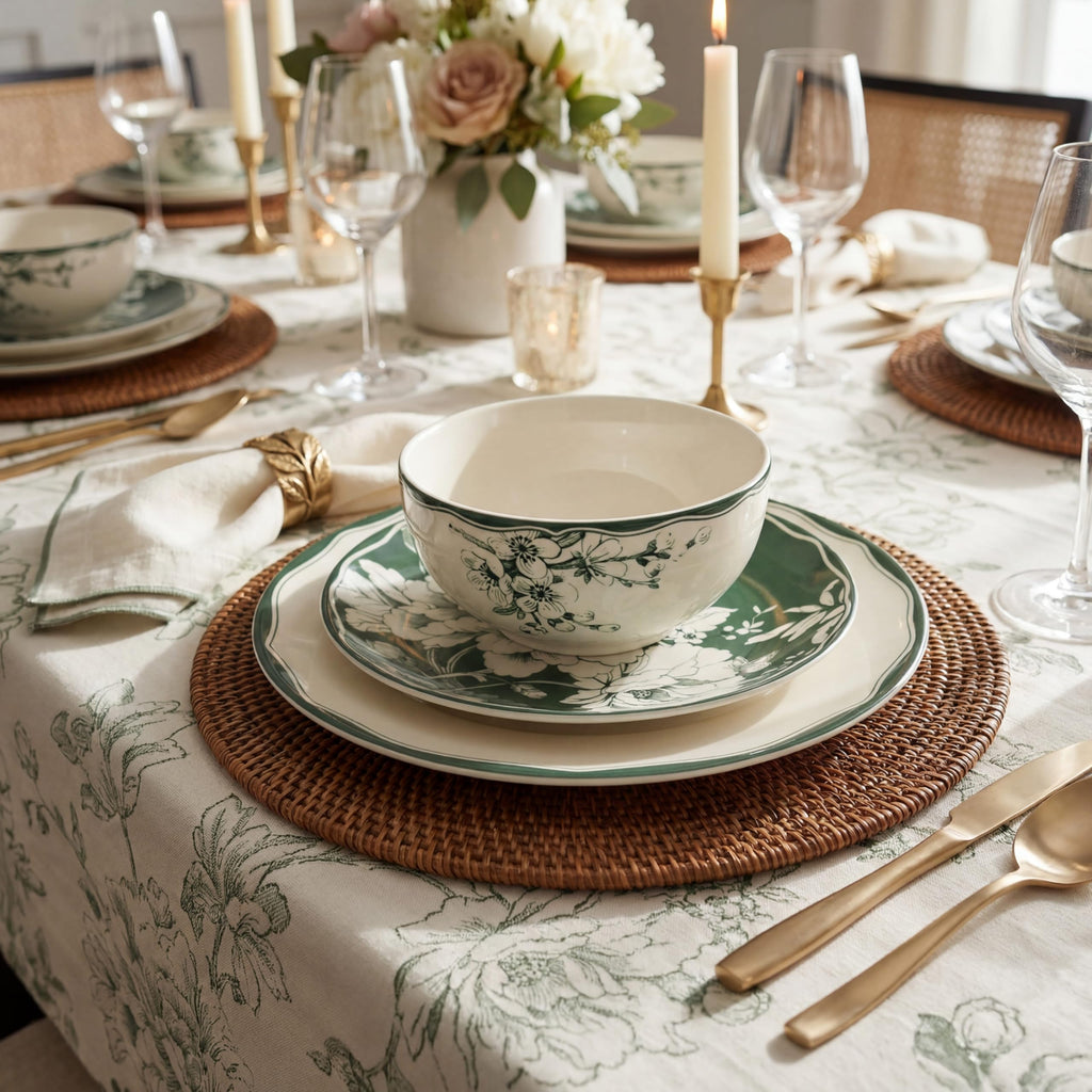 12-Piece Porcelain Dinnerware Set for 4, White & Sage Green Plates and Bowls Set C940015