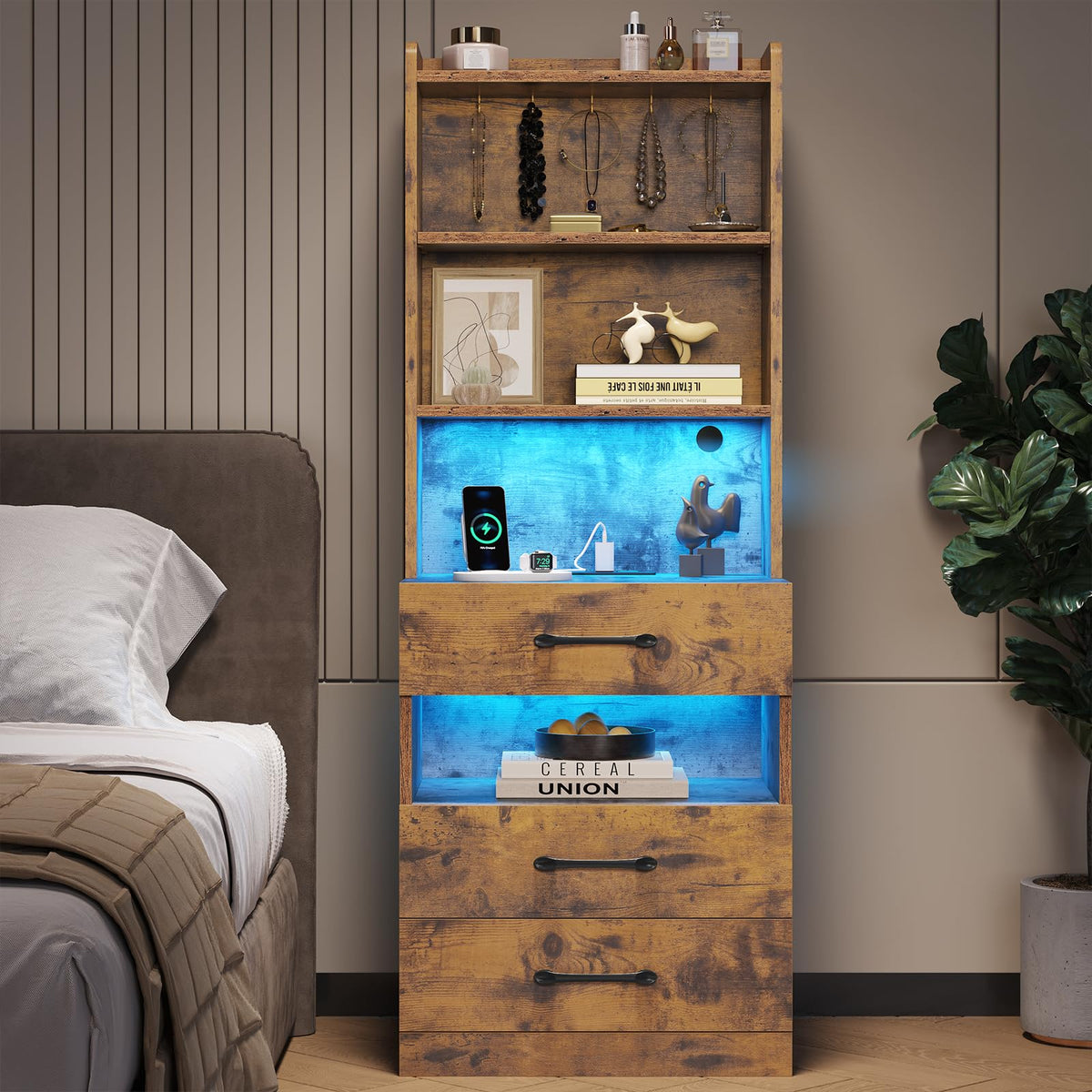 Rustic Brown Nightstand with Charging Station and LED Lights X62510
