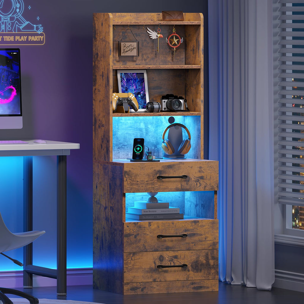 Rustic Brown Nightstand with Charging Station and LED Lights X62510