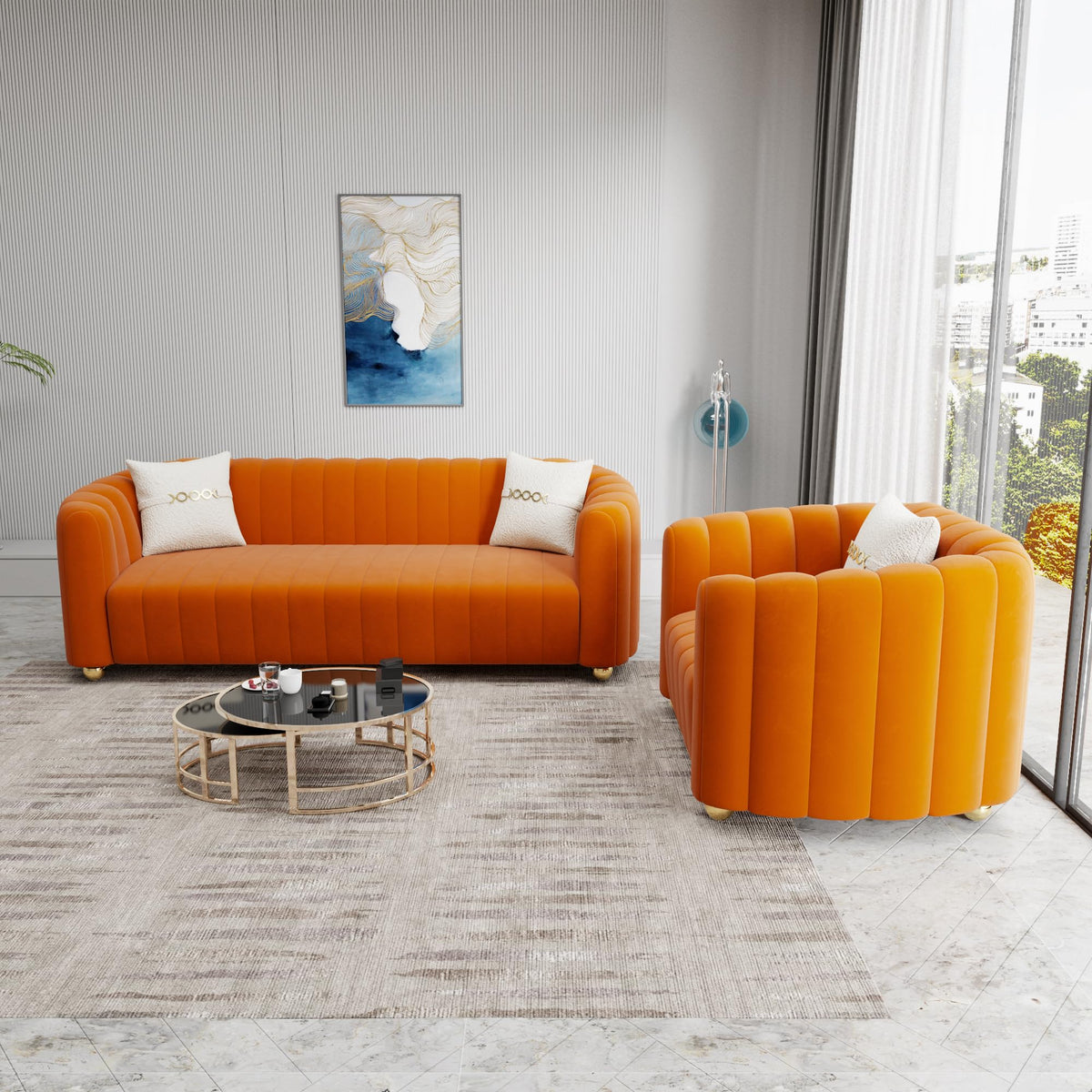 Orange Velvet 2-Piece Sofa J3316