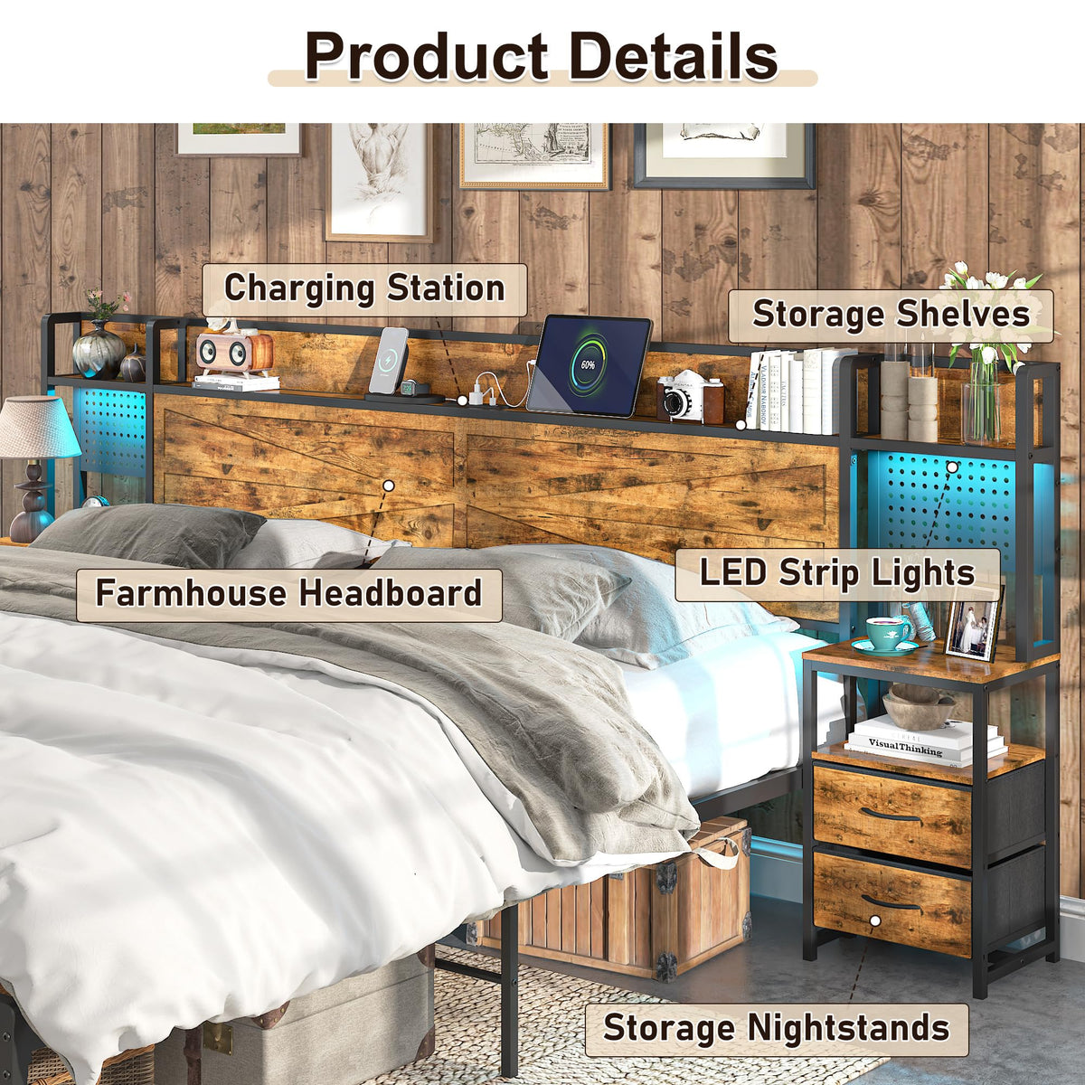 King Size Rustic Brown Bed Frame with Headboard and Nightstands A40131