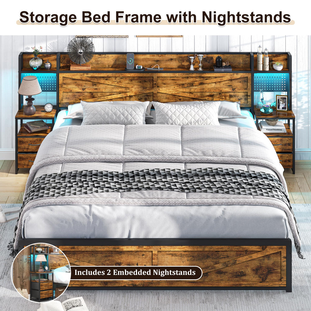 King Size Rustic Brown Bed Frame with Headboard and Nightstands A40131