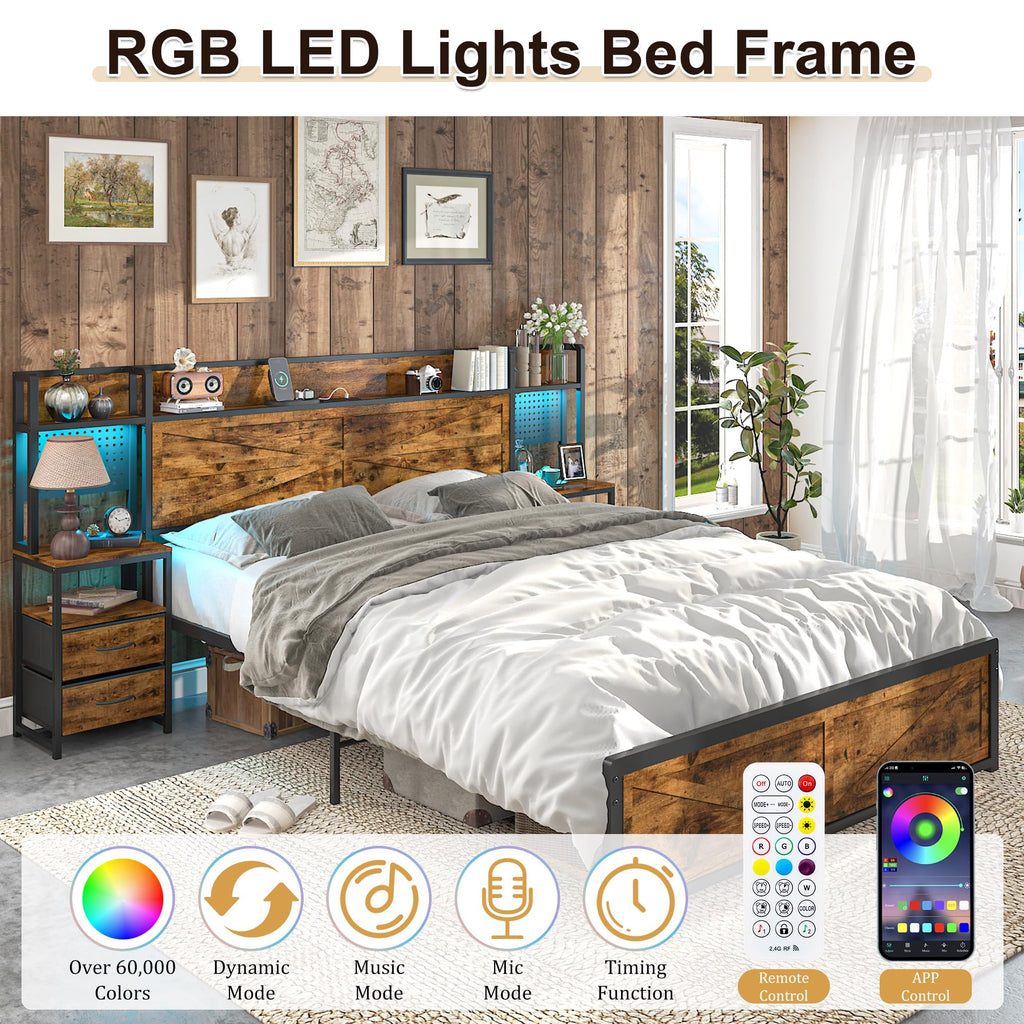 King Size Rustic Brown Bed Frame with Headboard and Nightstands A40131