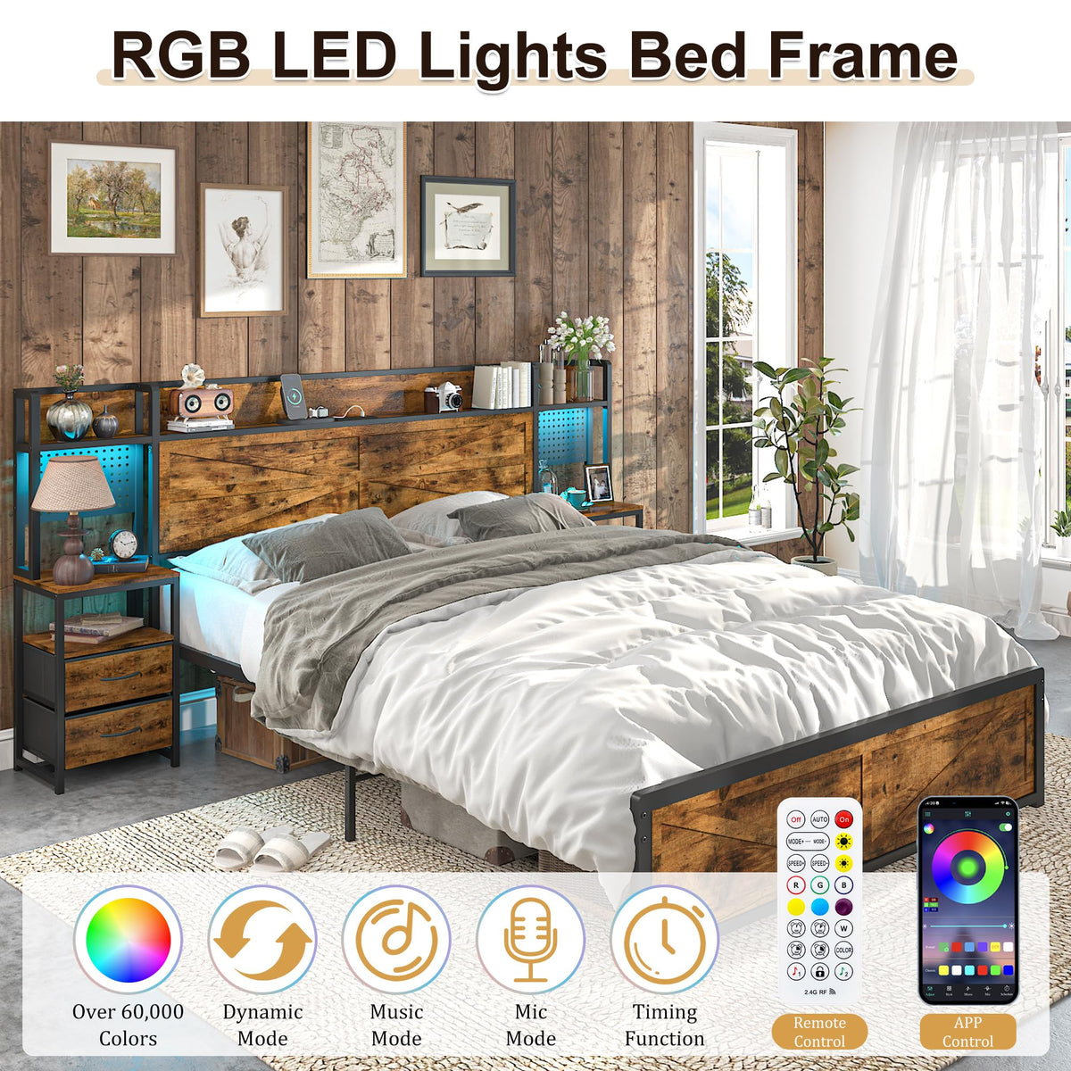 King Size Rustic Brown Bed Frame with Headboard and Nightstands A40131