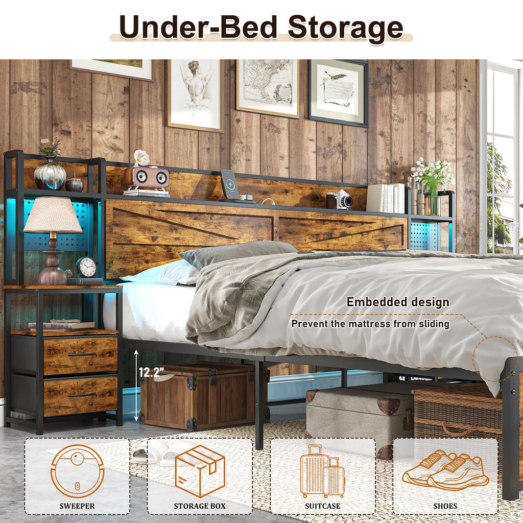 King Size Rustic Brown Bed Frame with Headboard and Nightstands A40131