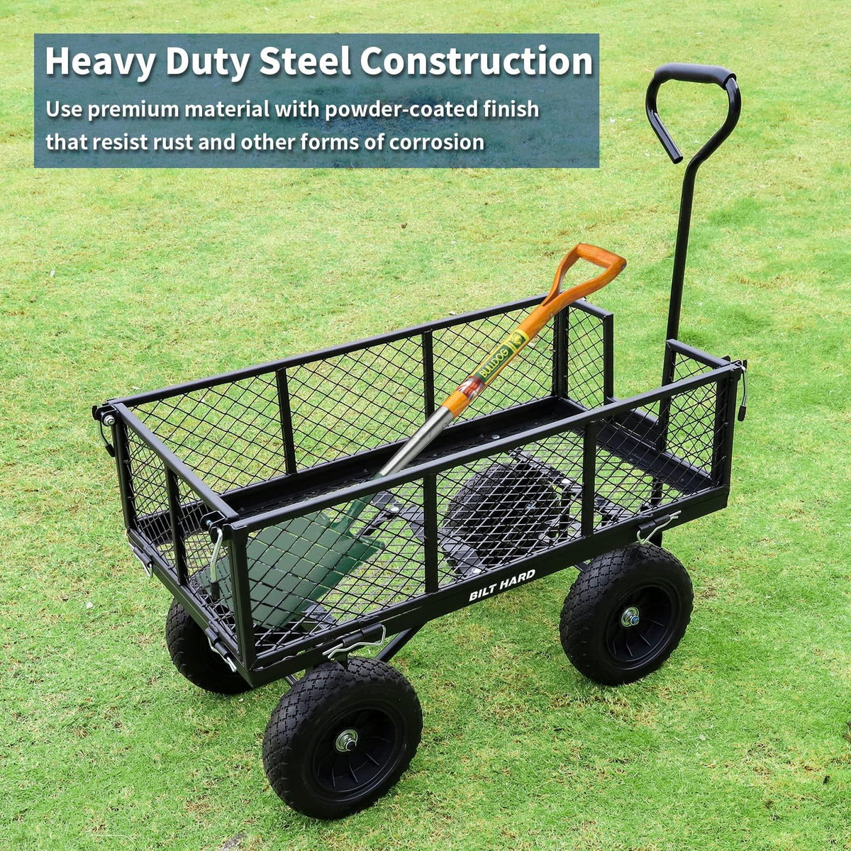 10" Steel Garden Cart with Rotating Handle and Removable Sides, 4 Cu.Ft, Black J9785