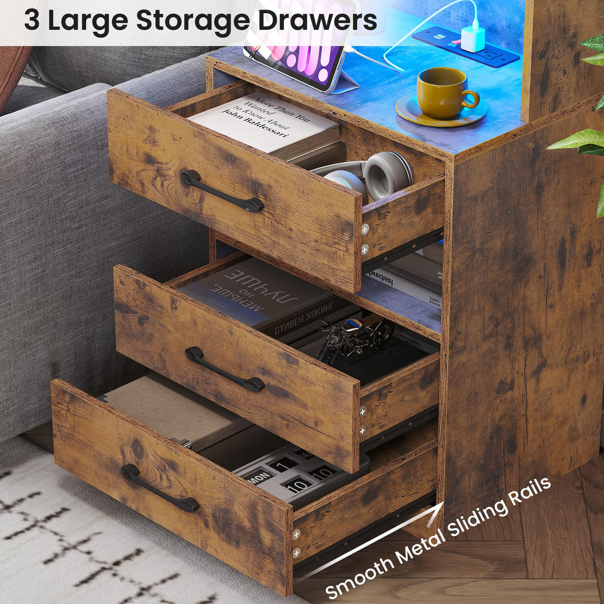 Rustic Brown Nightstand with Charging Station and LED Lights X62510