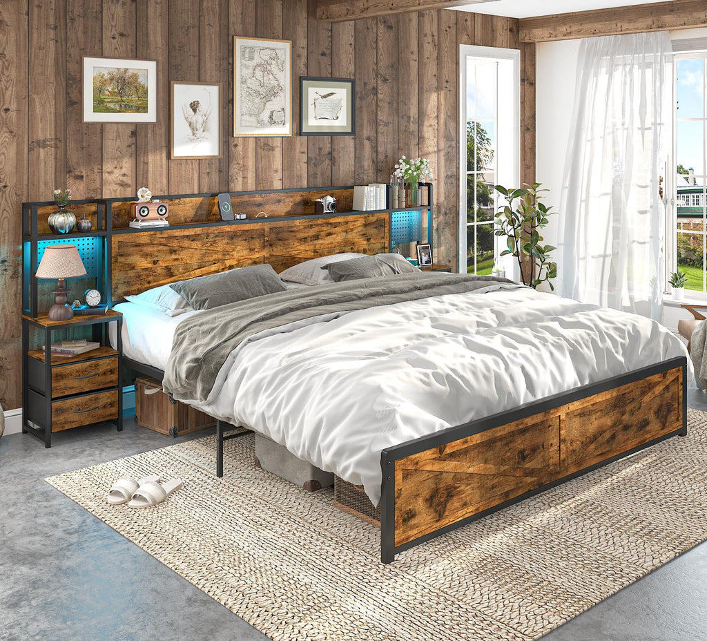 King Size Rustic Brown Bed Frame with Headboard and Nightstands A40131
