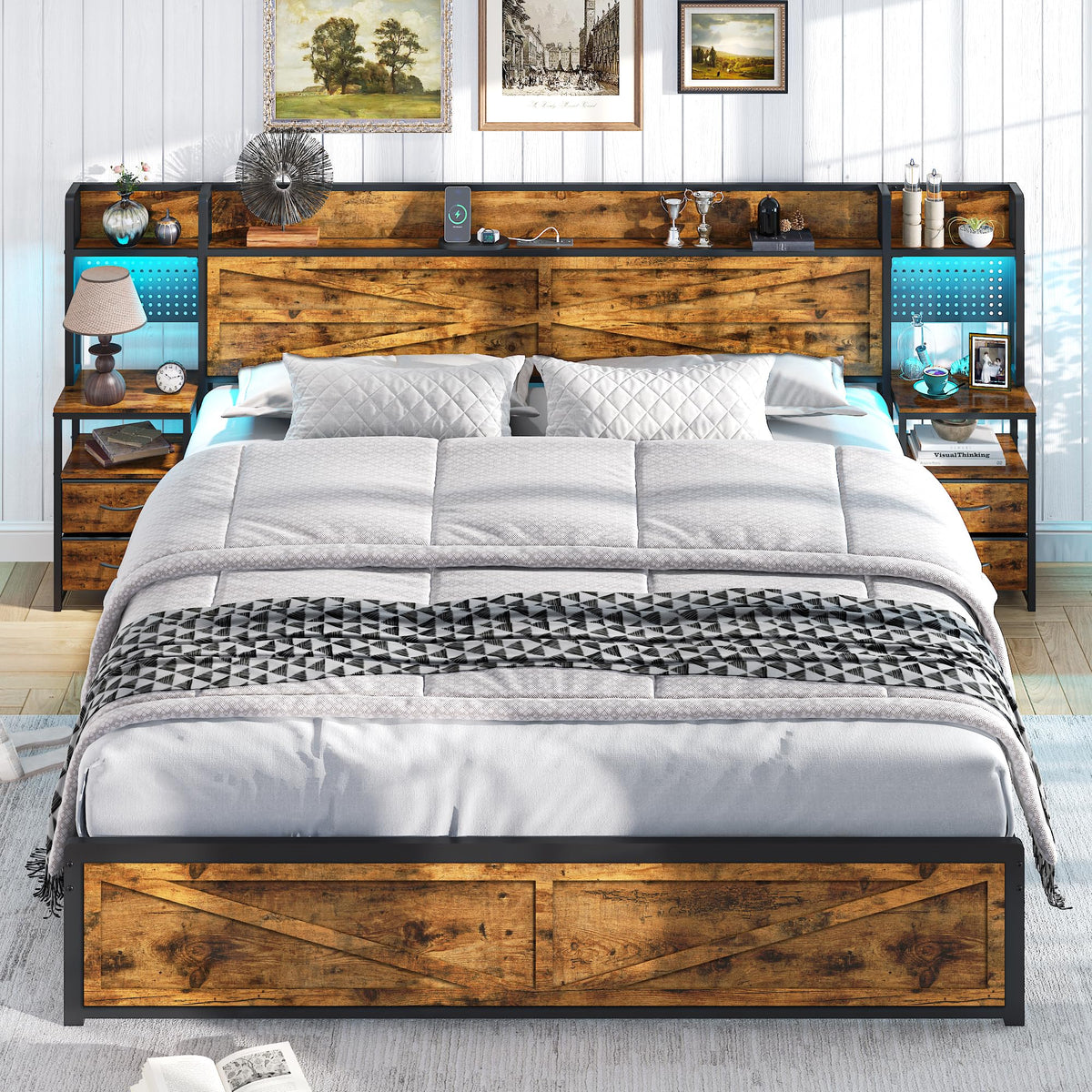 King Size Rustic Brown Bed Frame with Headboard and Nightstands A40131